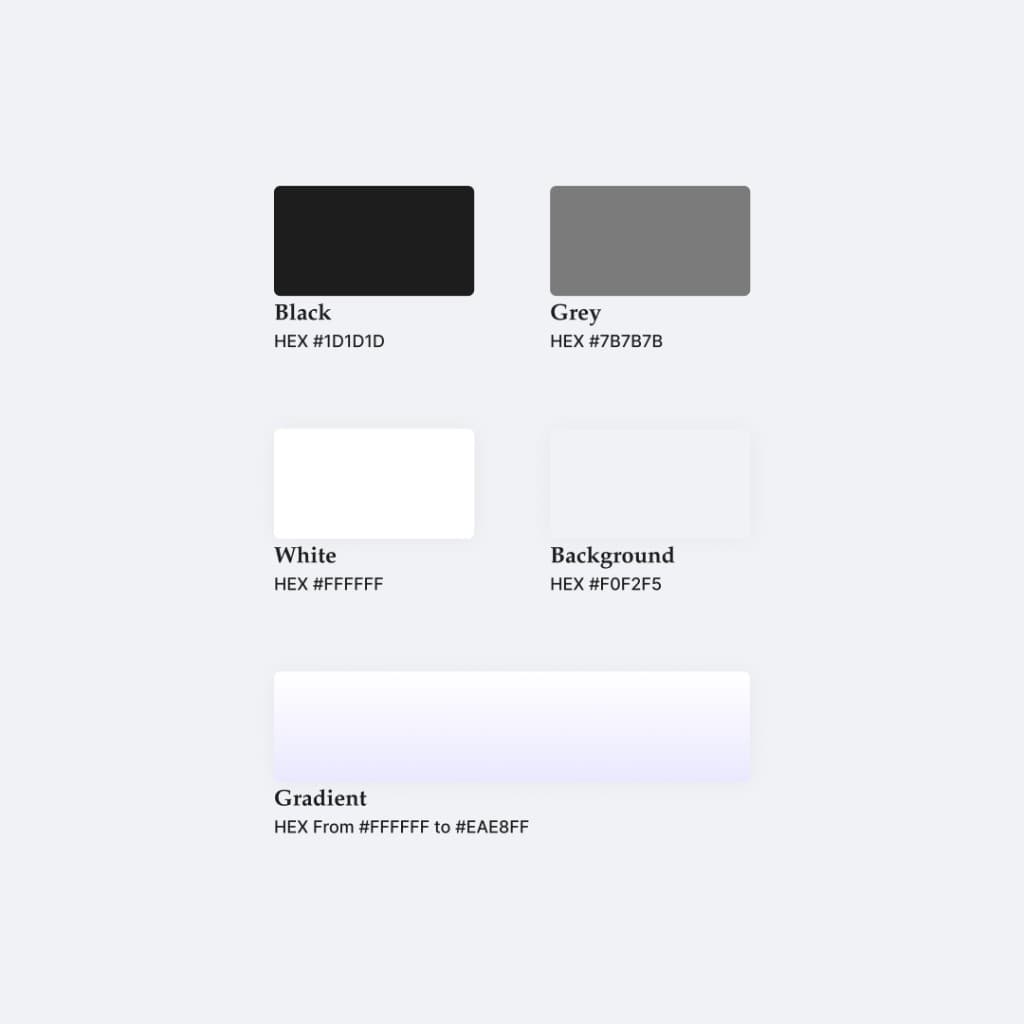 Base neutrals: black, grey, white, background, and gradient with hex codes