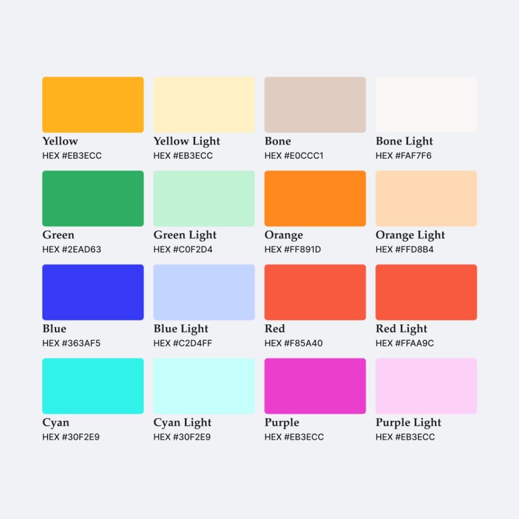Supporting palette: accent colors and lights in a grid with hex codes