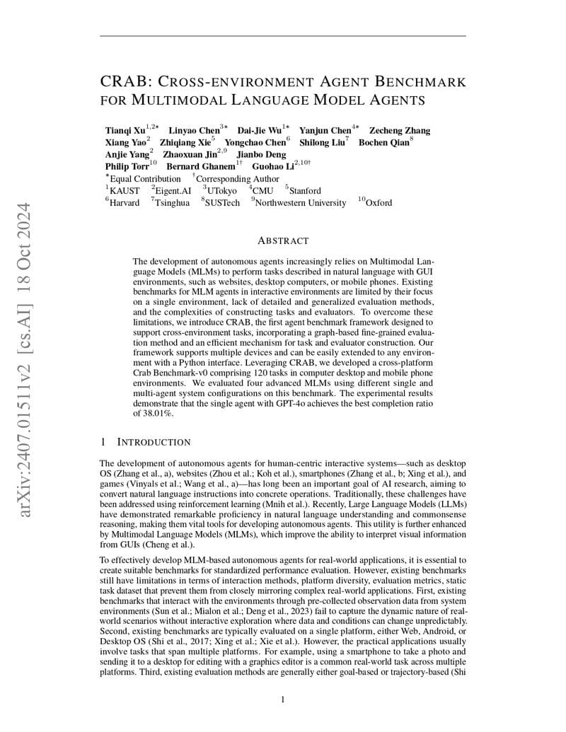 CRAB: Cross-environment Agent Benchmark for Multimodal Language Model Agents
